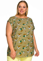 Блуза со спущенным плечом, штапель цветочный, оливковый