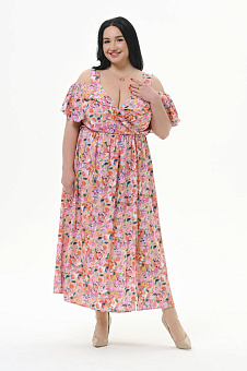 Платье из штапеля с "крылышком" по лифу, принт "розы" *