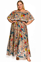 Платье из штапеля с воланом по горловине, принт цветочный на бежевом