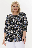 Блуза базовая черная, принт растительный *