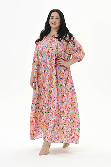 Платье каскадное, штапель, принт "розы" *