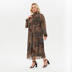 Платье миди из шифона с воротником "аскот", принт "индийский"