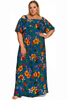 Платье-сарафан с воланом по горловине из штапеля, принт цветочный, фон джинсовый